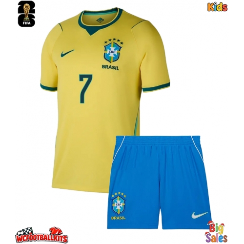 Brazil Vinicius Junior #7 Replica Home Stadium Kit for Kids World Cup 2026 Short Sleeve (+ pants)